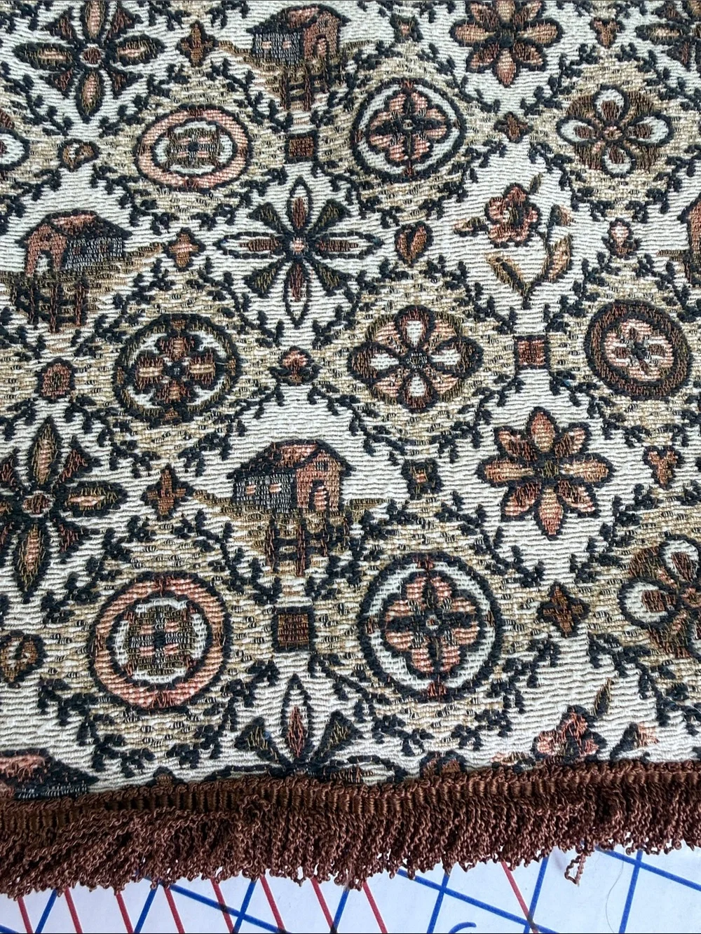 Vintage Folk Art Jacquard Woven Throw Lap Blanket Barn Floral Fringe 50x40